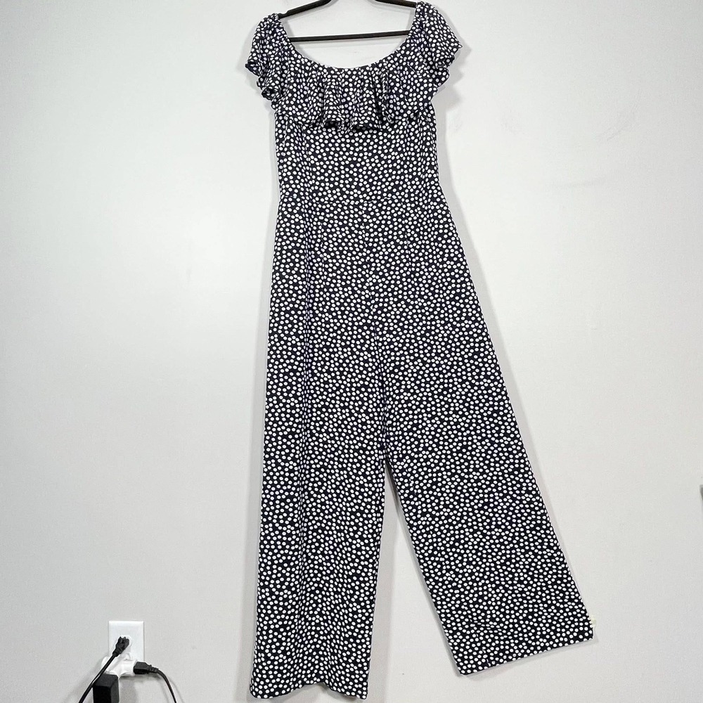 Betsey Johnson Jumpsuit Wms 14 Blue White Polka Dot Wide Leg Off Shoulder Ruffle